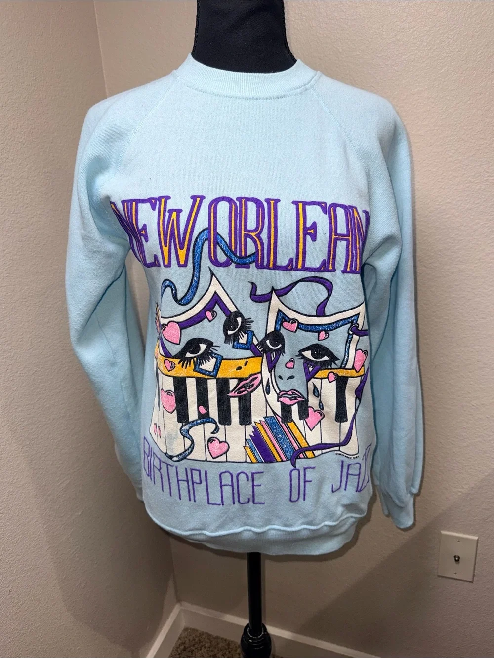 VTG 80s Hanes New Orleans Jazz Sweatshirt S USA Baby Blue Mardi Gras Piano Mask